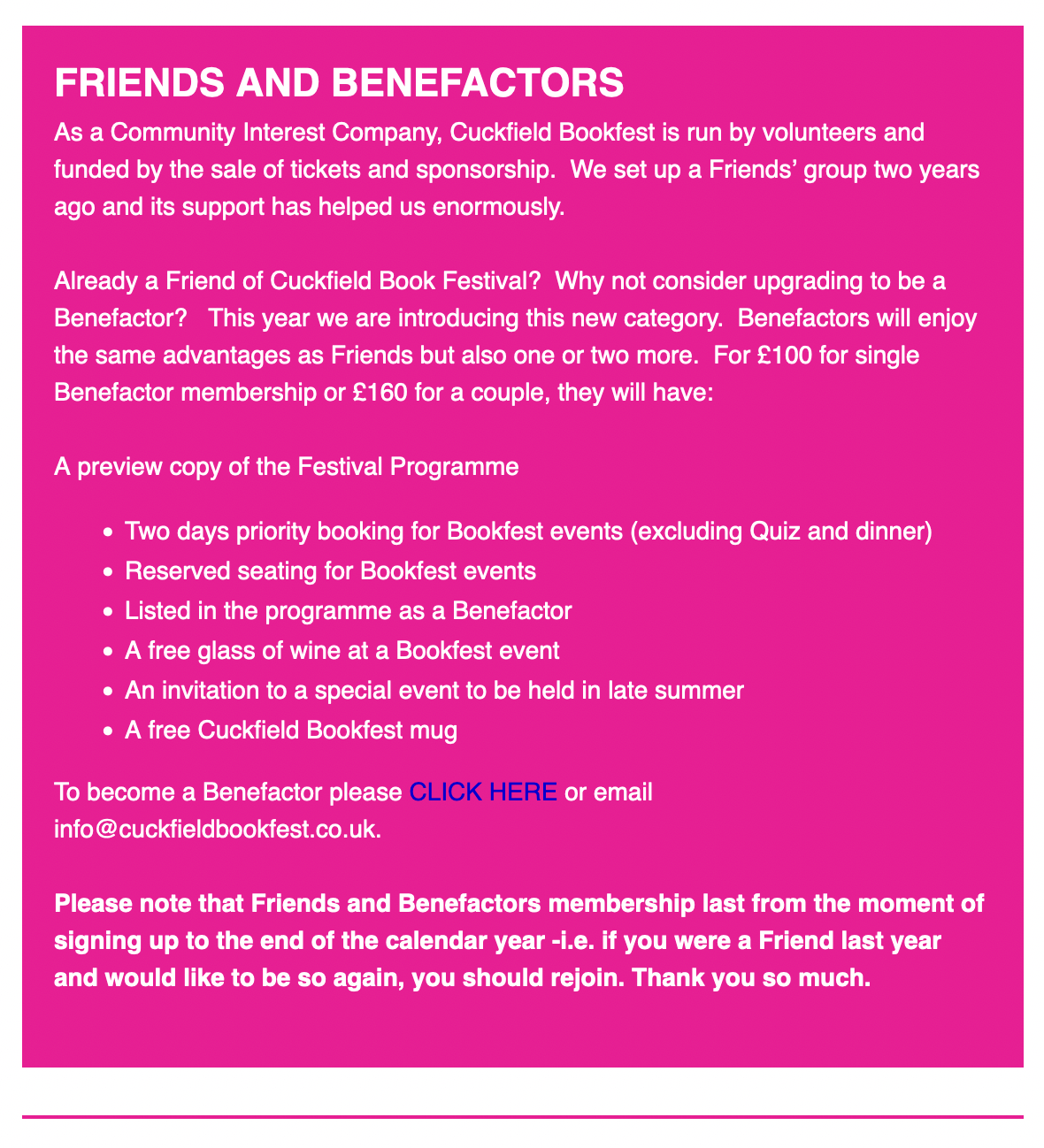 Cuckfield bookfest friends and benefactors